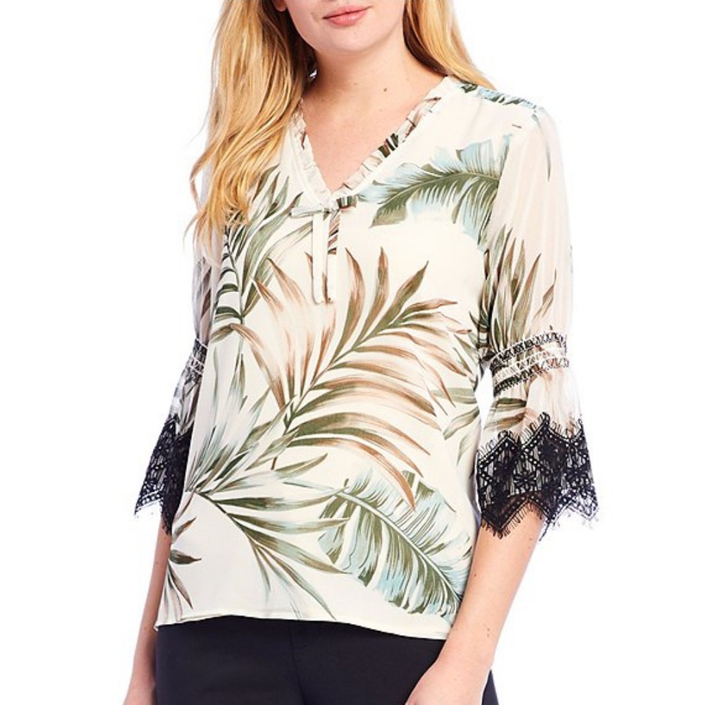 Karl Lagerfeld Paris Tropical Palm Print Lace Blouse Top NWT